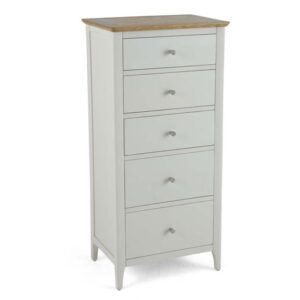 Brandy Tall Chest Of Drawers In Off White And Oak With 5 Drawers