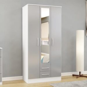 Carola Mirrored Wardrobe In White Grey High Gloss With 3 Doors