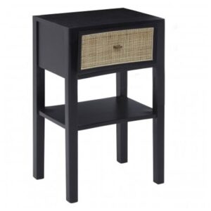 Corson Cane Rattan Wooden Bedside Table In Black With 1 Drawer