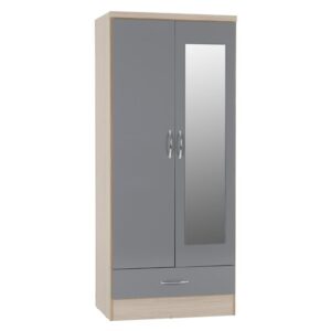 Noir 2 Doors 1 Drawer Mirrored Wardrobe In Grey Gloss And Oak
