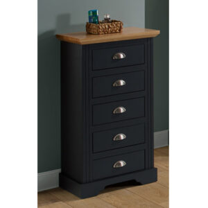 Talox Narrow Wooden Chest Of 5 Drawers In Grey And Oak