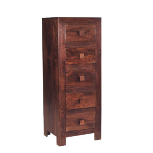 Tinos Solid Mangowood Chest Of 5 Drawers In Dark Mahogany