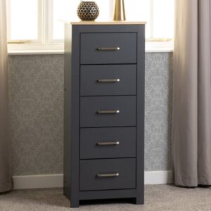 Parnu Wooden Chest Of 5 Drawers Narrow In Grey And Oak