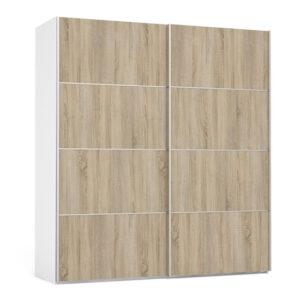 Vrok Wooden Sliding Doors Wardrobe With 2 Shelves In White Oak